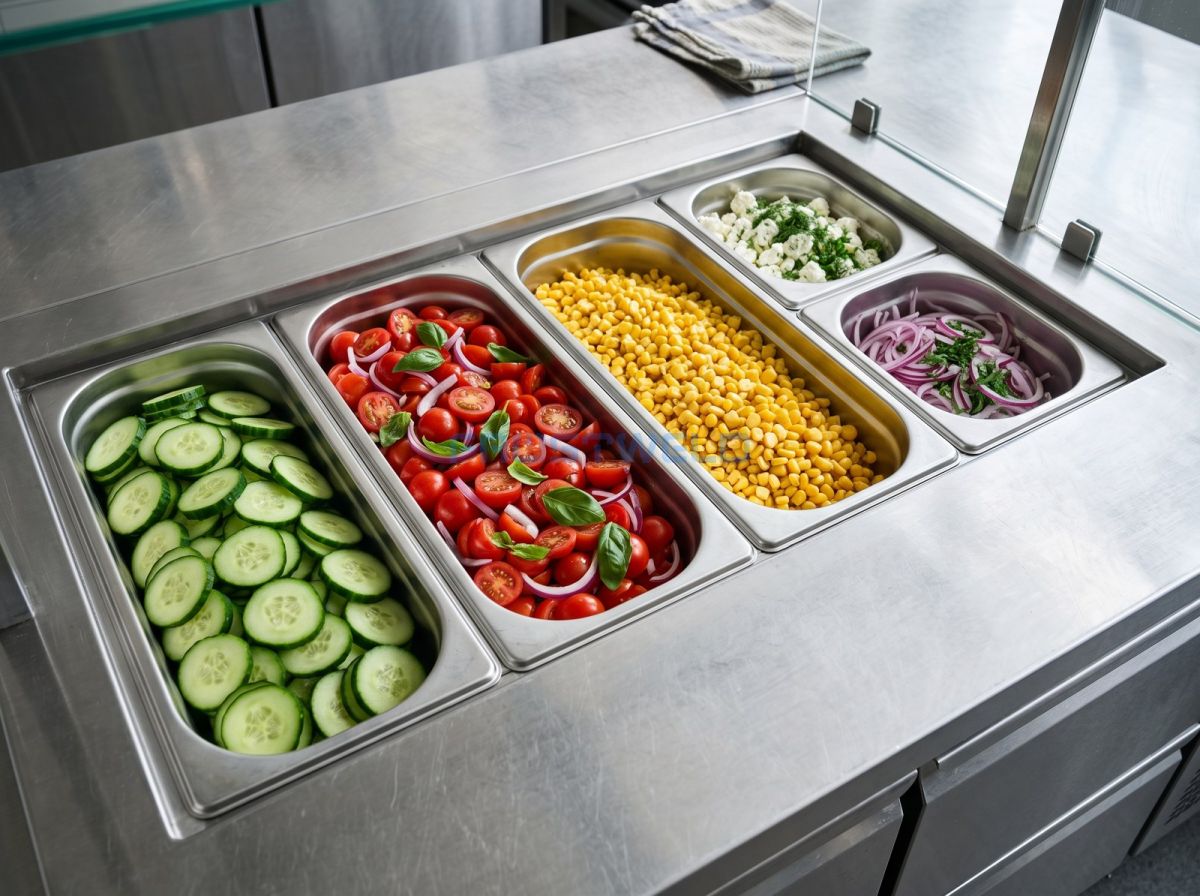 Гастроёмкости с ингредиентами в столешнице саладетты