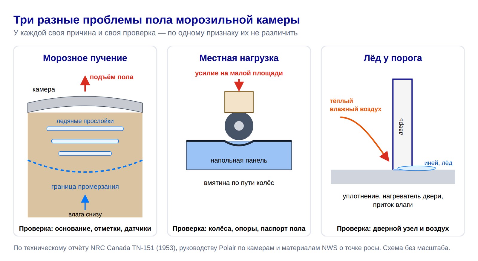 Схема: морозное пучение, местная нагрузка и лёд у порога — три разные проблемы пола морозильной камеры
